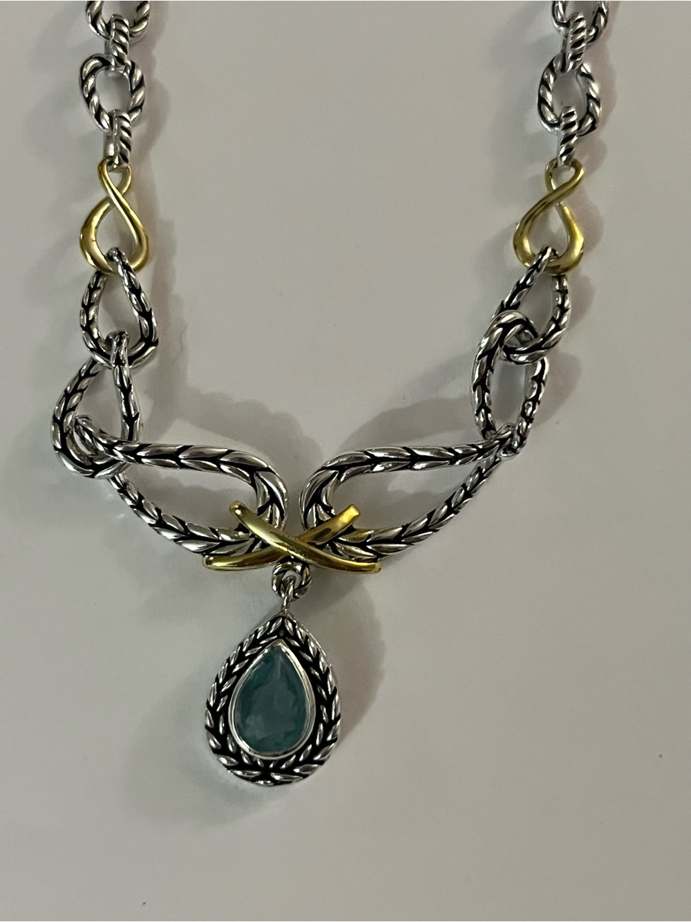 Sterling Two-Tone Silver & Gold Necklace with Teal/Aquamarine  Teardrop Pendant